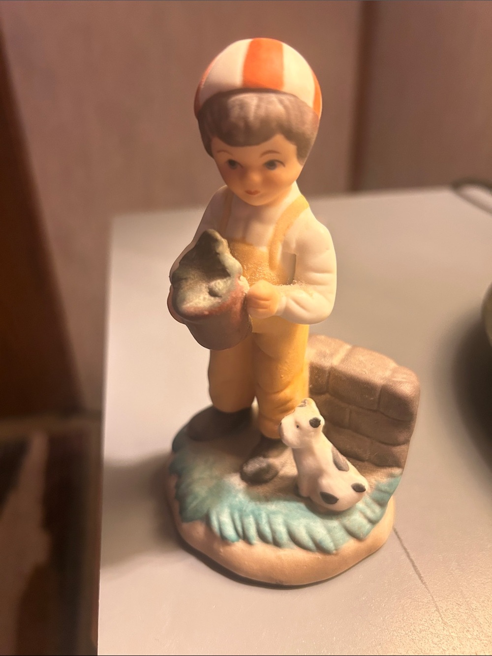Vintage Yellow & White Boy with Dog Figurine